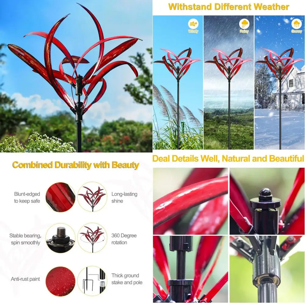 

Large Metal Kinetic Wind Sculpture for Outdoor Yard Art - Garden Wind Spinner in Burgundy Color