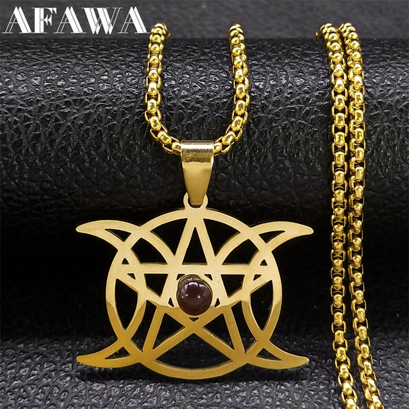 Triple Moon Goddess Necklace Stainless Steel Red Stone Witch Divination Pentagram Necklaces Jewelry collier N8428S02