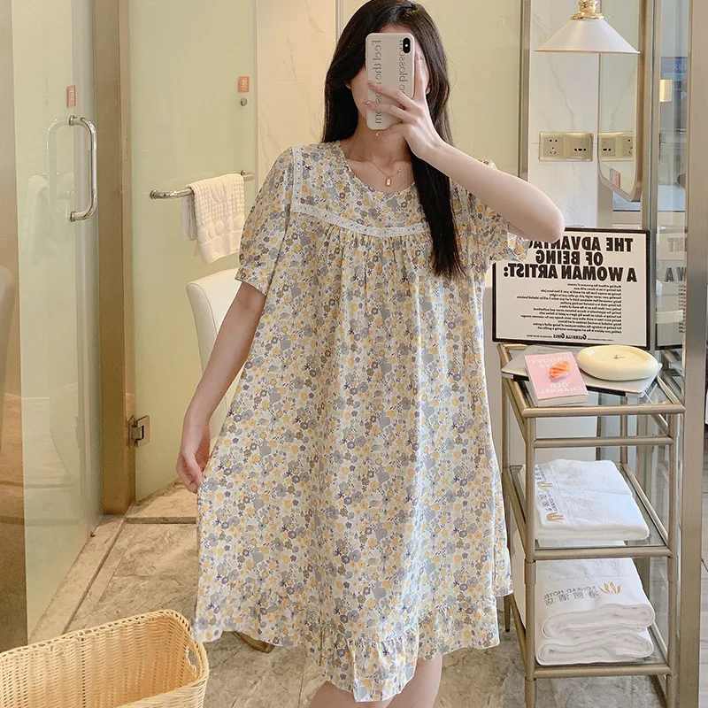 ladies sleep in their dresses Summer style Short skirt Cotton silk loose robe