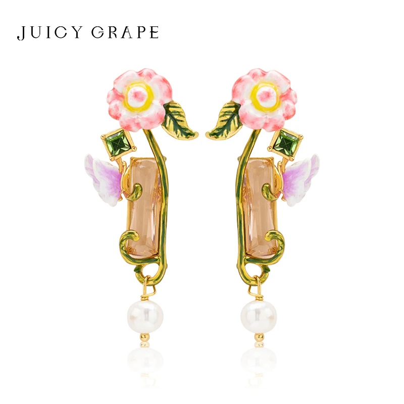 

JuicyGrape Butterfly Flower Gemstone Earring for Women Handmade Enamel Fine Jewelry 18K Gold Birthday Anniversary Christmas Gift