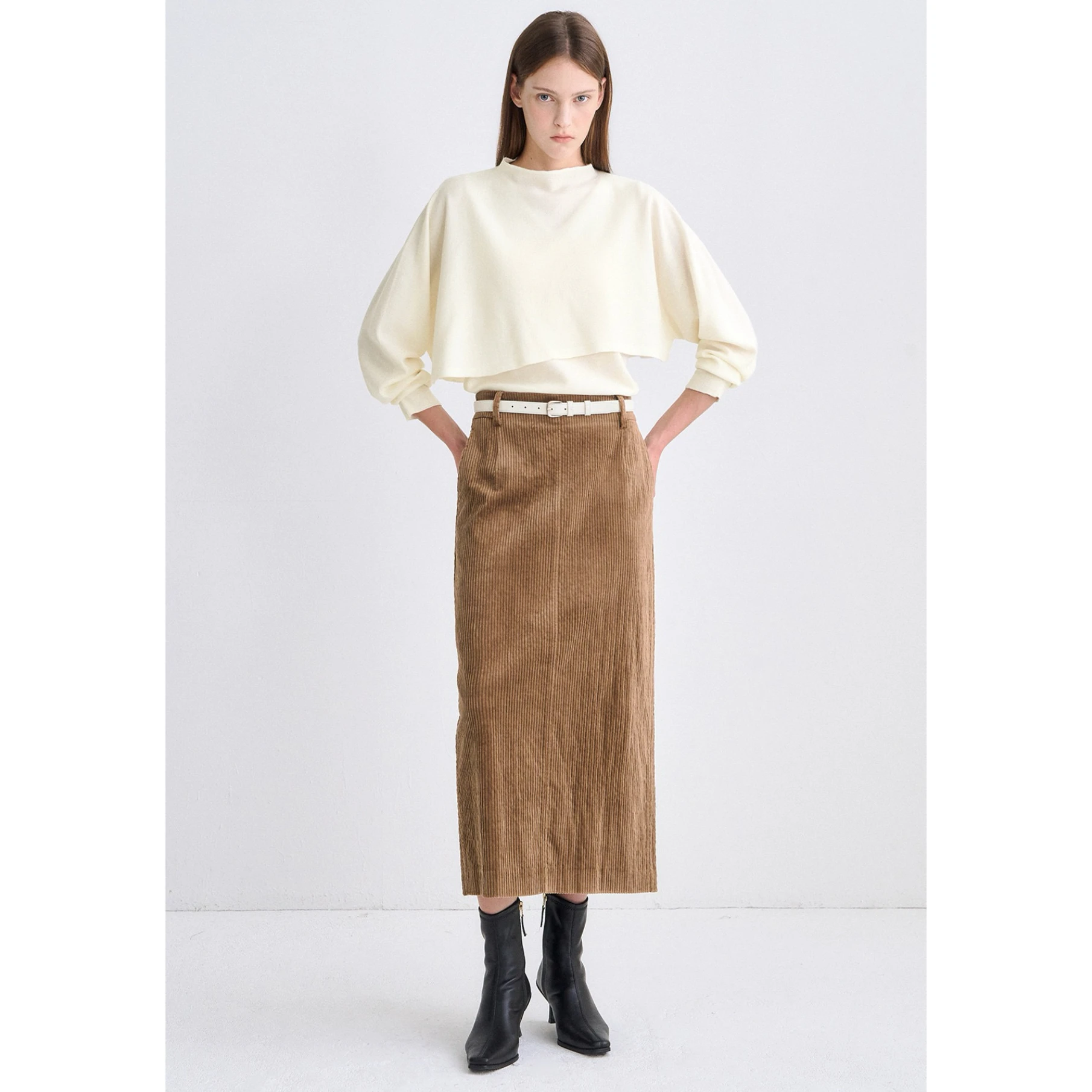 Lemon Cheese TIM25 Winter Casual Pleated Corduroy High Waist Long f Skirt Belt Ci Commute Sle Straight Tube Silhouette