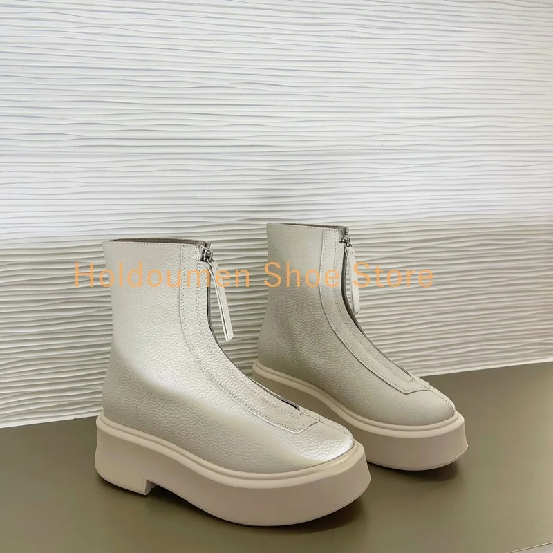 

Women's Round Toe Front Zipper Ankle Boots Brown Suede Black Leather Platform Knight Boots Casual Office Suit Match Flat Boots