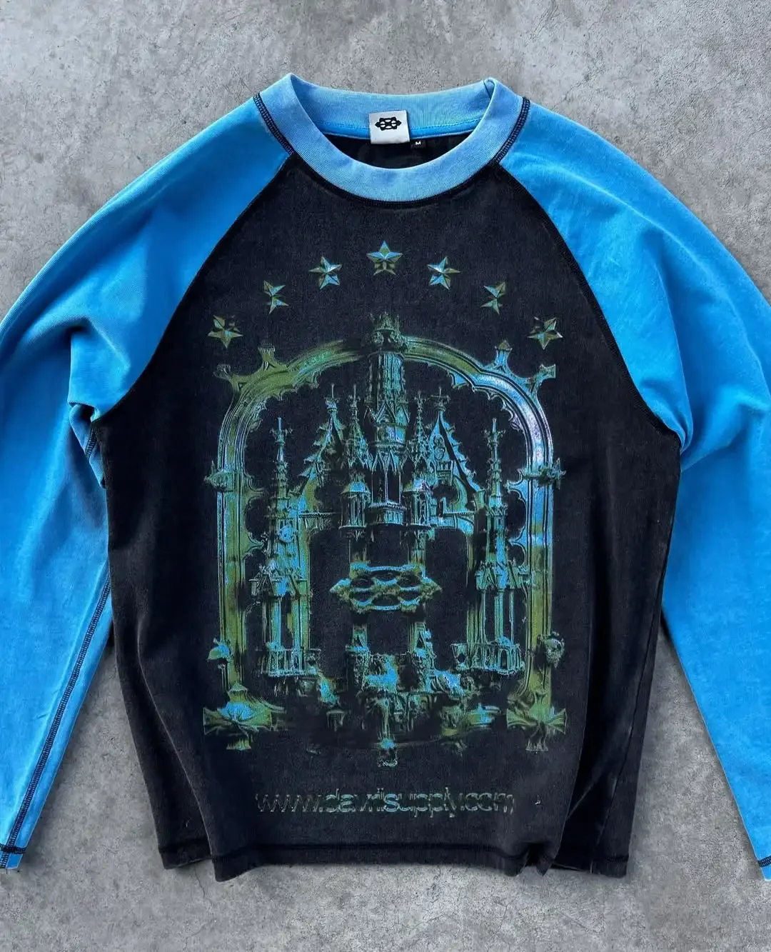 American Harajuku Castle Print Blue Color Matching Long Sleeve Pullover Men's Casual Street Fashion Summer Loose Sweatshirt