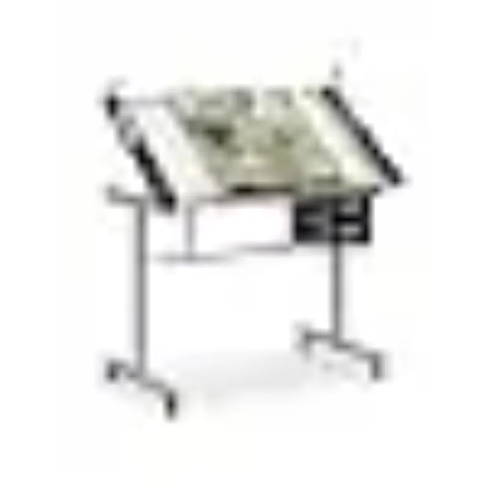 Drafting Table on Wheels with Storage & Side Tray - Adjustable 0-65° Glass Tabletop, Replaceable Feet Art Desk