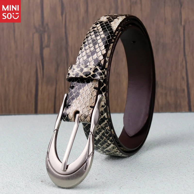 حزام Miniso Buckle Snake Print، حزام خصر من الجلد الطبيعي للنساء والرجال، أنيق وبسيط