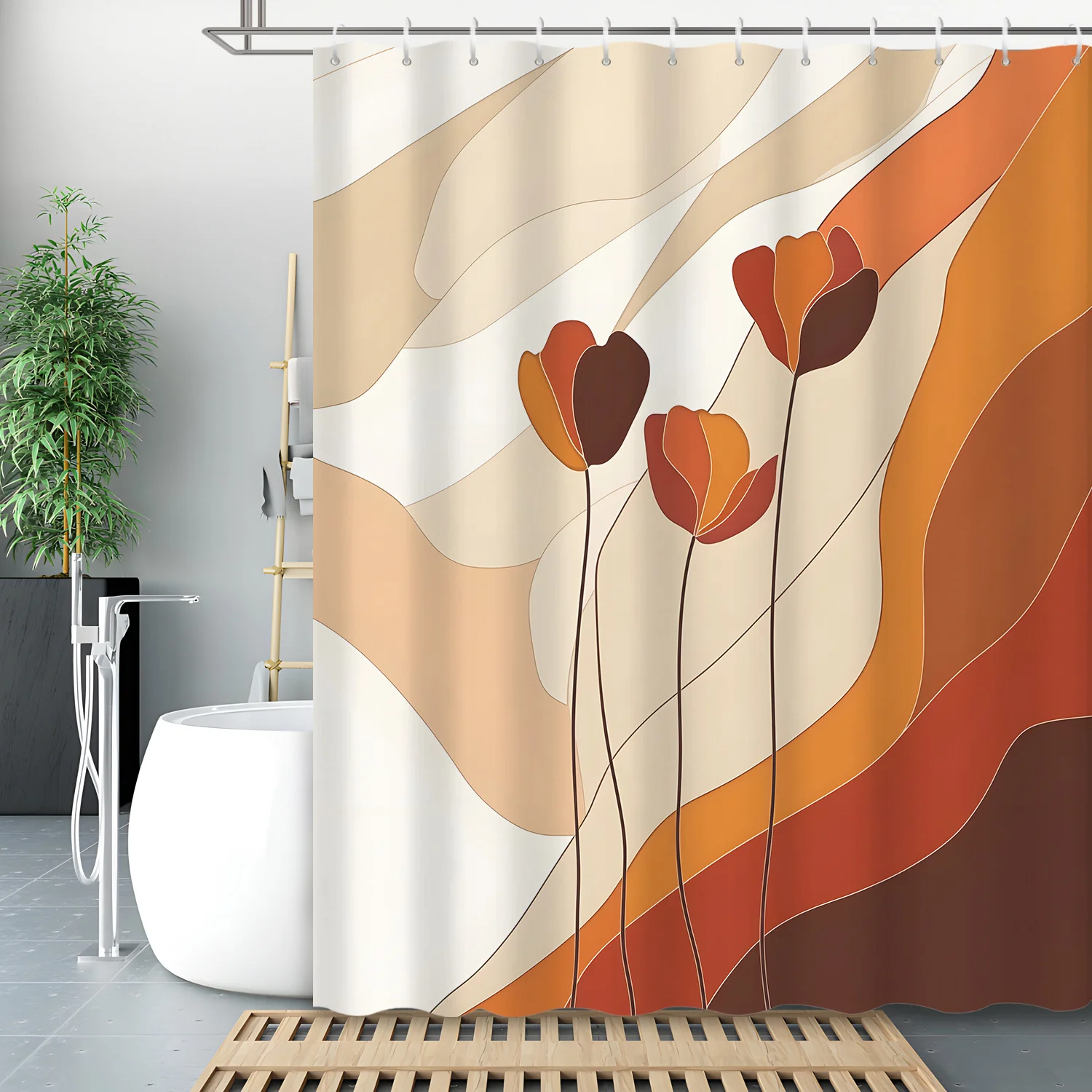 1pc Abstract Art Geometric Line Floral Illustration Shower Curtain Partition, with 12 Hooks, Bathroom Decor