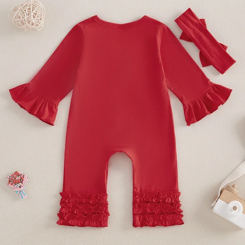 Baby Girl 2Pcs Christmas Outfits Long Sleeve Tree Embroidery Ruffle Jumpsuit with Headband Set Newborn Clothes