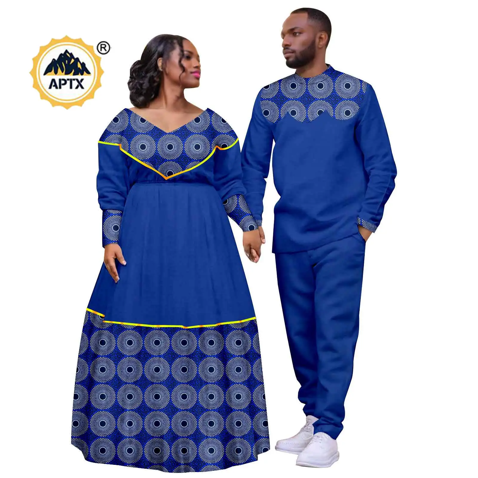 African Print Dresses for Women Matching Couple Clothes Bazin Riche Men Outfits Top and Pant Sets Dashiki Party Suits 25C040