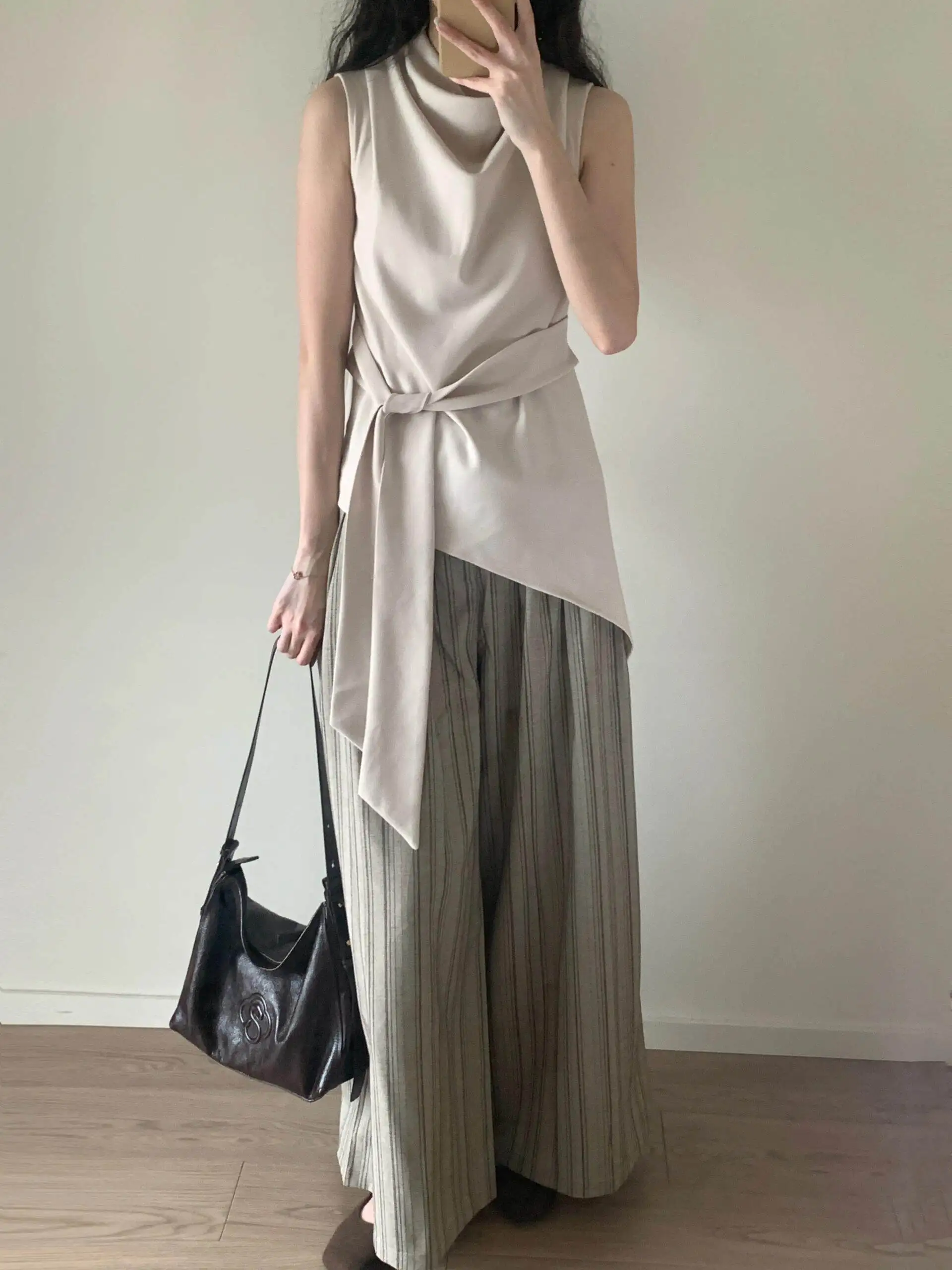 

Summer Slimming High Waist Striped Long Pants Women's Fashion Set Casual Loose Fit Vest Top And Bottoms Tie Waist Design