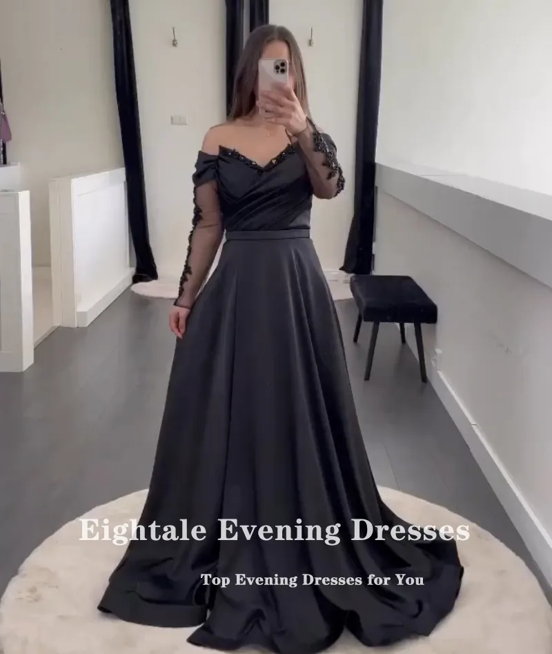 Eightale Arabic Evening Dresses Party Satin V-Neck A-Line Black Appliques Beaded Long Sleeves Prom Gowns vestidos de noche