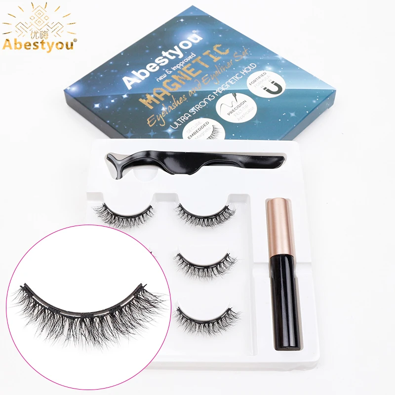 Abestyou Short 10mm Natural Fluffy Magnet Mink Lashes Type 5d Strong Magnetic Eyeliner Kit With Eyelash Holder Wholesale Vendor