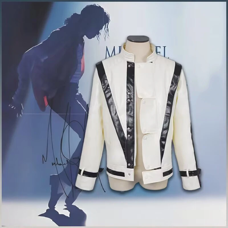 

Michael Jackson Cosplay Costumes Thriller Jacket high quality White PU Leather MV show Imitation Retro Halloween Christmas suit