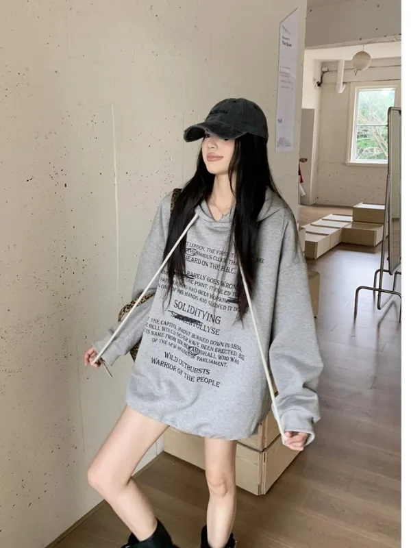 

Женская толстовка больших размеров с буквенным принтом, свободного кроя, осенне-зимняя, новая, повседневная, универсальная, стройнящая, в корейском стиле