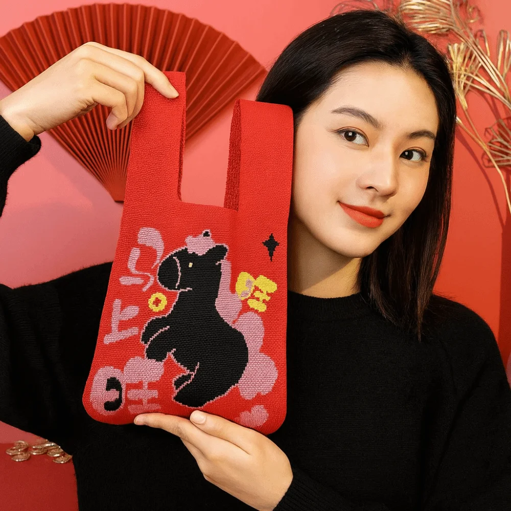 Cute 2026 Year of the Horse Horse Knot Wrist Bag Weave Chinese style Tote Bag Handmade Reusable New Year Knitted Bag Student