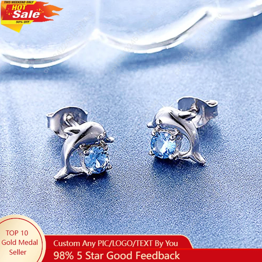 Huitan الأزرق دولفين أقراط لطيف الأذن اكسسوارات للنساء فضية اللون أقراط بسيطة الفتيات هدية عيد ميلاد المجوهرات العصرية