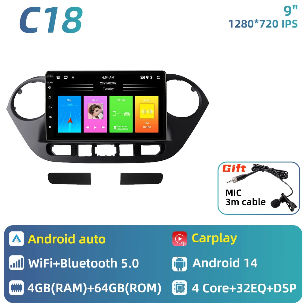 Carplay voor Hyundai Grand i10 2013 - 2018 Android Auto Multimedia Autoradio GPS Navigatie Autoradio 2 Din Head Unit Stereo DSP