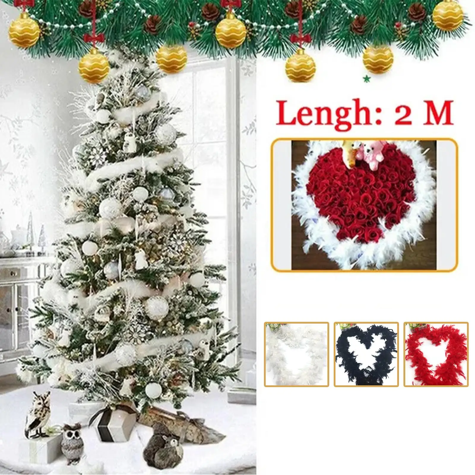 2m Feather Boa Christmas Tree Decoration White Feather Garland Ribbon White Boa Feathers Wedding Dress Shawl Decorative Feathers