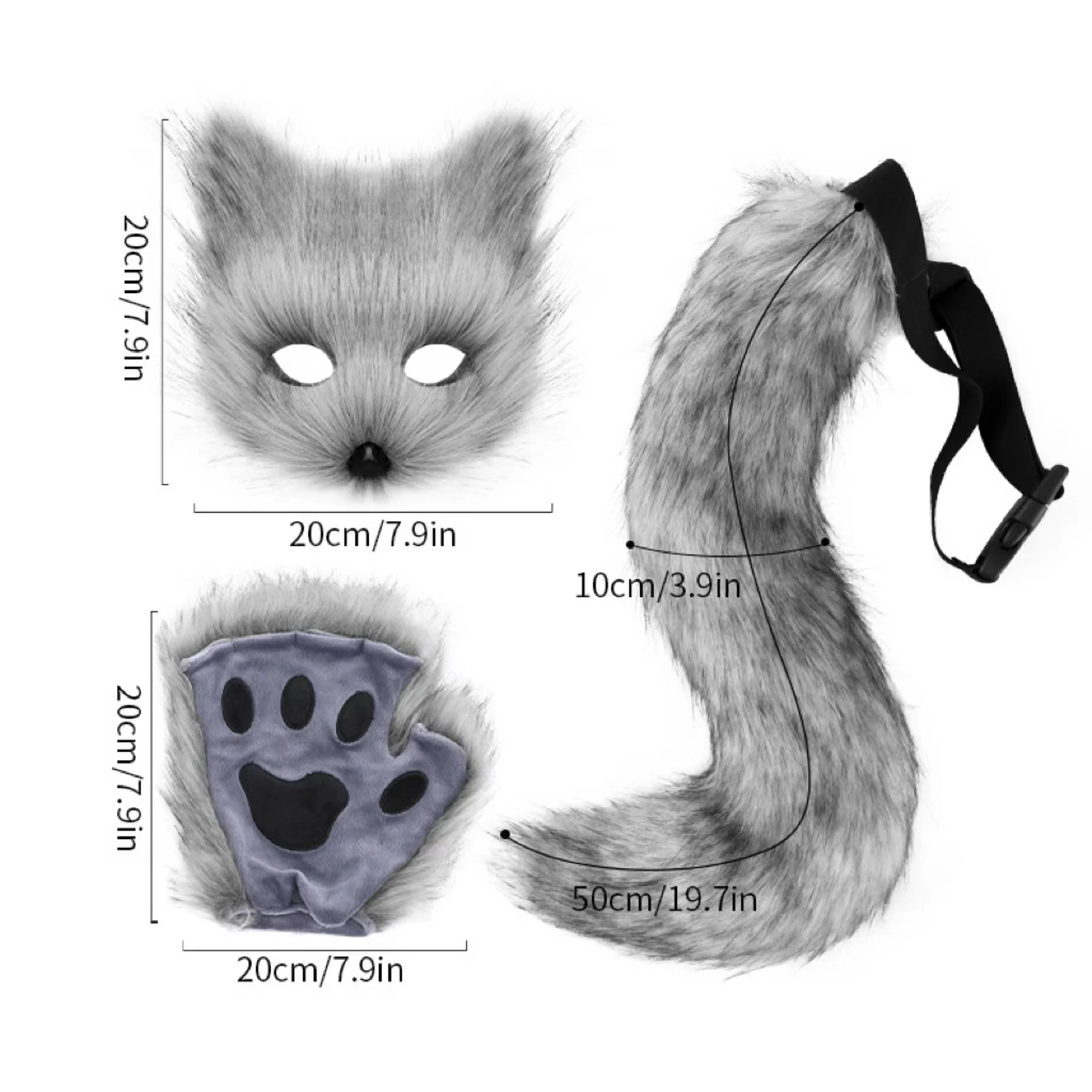 Furry Fox Mask Wolf Fox Tail and Paw Gloves Set Adult Cat Halloween Mask Cosplay Animal Party Christmas Costume ﻿
