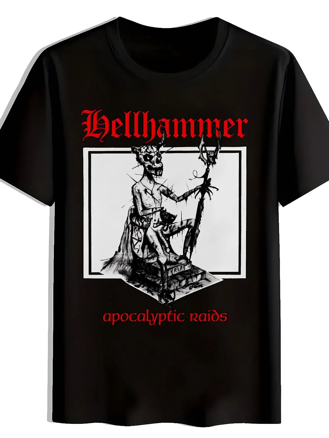

Mens Graphic Rock Band TShirt Black Casual Summer Polyester Tee with HELLHAMMER Print Short Sleeve Crew Neck