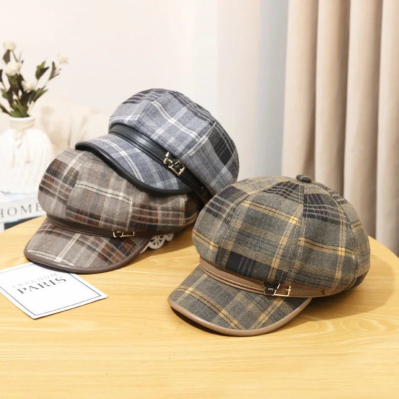 Hot Selling Woolen women cap beret lady English check temperament autumn winter all-match newsboy hat Retro Academy octagon M913