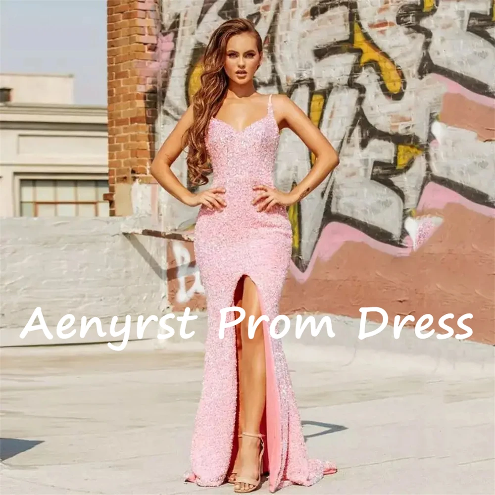 Aenyrst-Sexy Pink Sequined Prom Dresses, Spaghetti Strap, V Neck, Sereia Side Split Vestidos de noite, até o chão, Dinner Party Dress