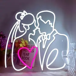 Bride and Groom Neon Sign USB Dimmable LED Neon Light Sign for Wedding Parties Anniversary Valentine's Day Engagement Wall Decor