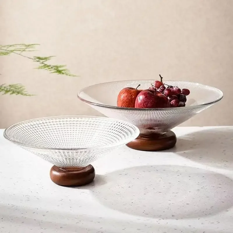 High-grade Glass Wooden Bottom Fruit Bowl Luxury Living Room Household High-value Coffee Table Front Desk Snacks Candy Fruitbowl