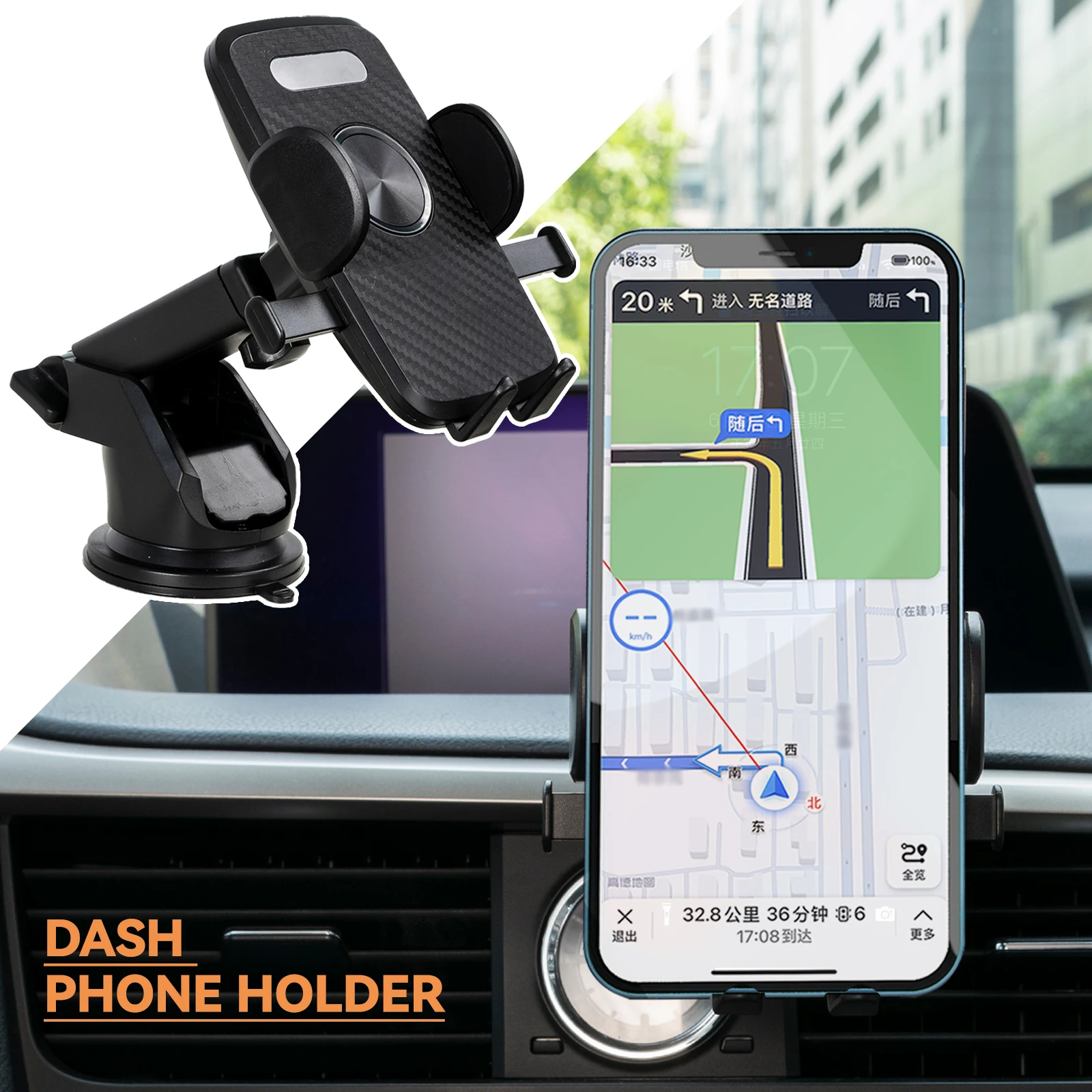 Auto-Handyhalterung für Armaturenbrett Windschutzscheibe Saugnapf-Clip-Ständer GPS-Halterung für iPhone Samsung Carbonfaser