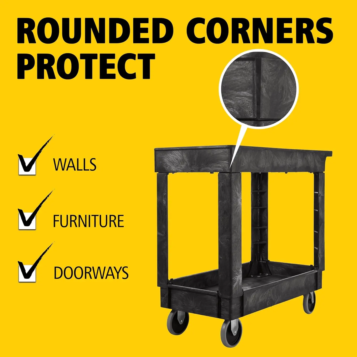 Heavy-Duty 2-Shelf Rolling Cart with Wheels, 300-Pound Capacity, Black, Ideal for School Restaurant Warehouse Use