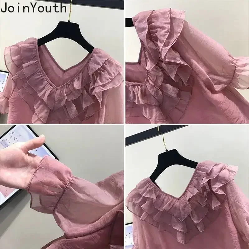 2024 Blusas Mujer De Moda Summer Blouses for Women Short Sleeve V-neck Korean Shirts Sweet Ruffles Chiffon Loose Blouse Tops