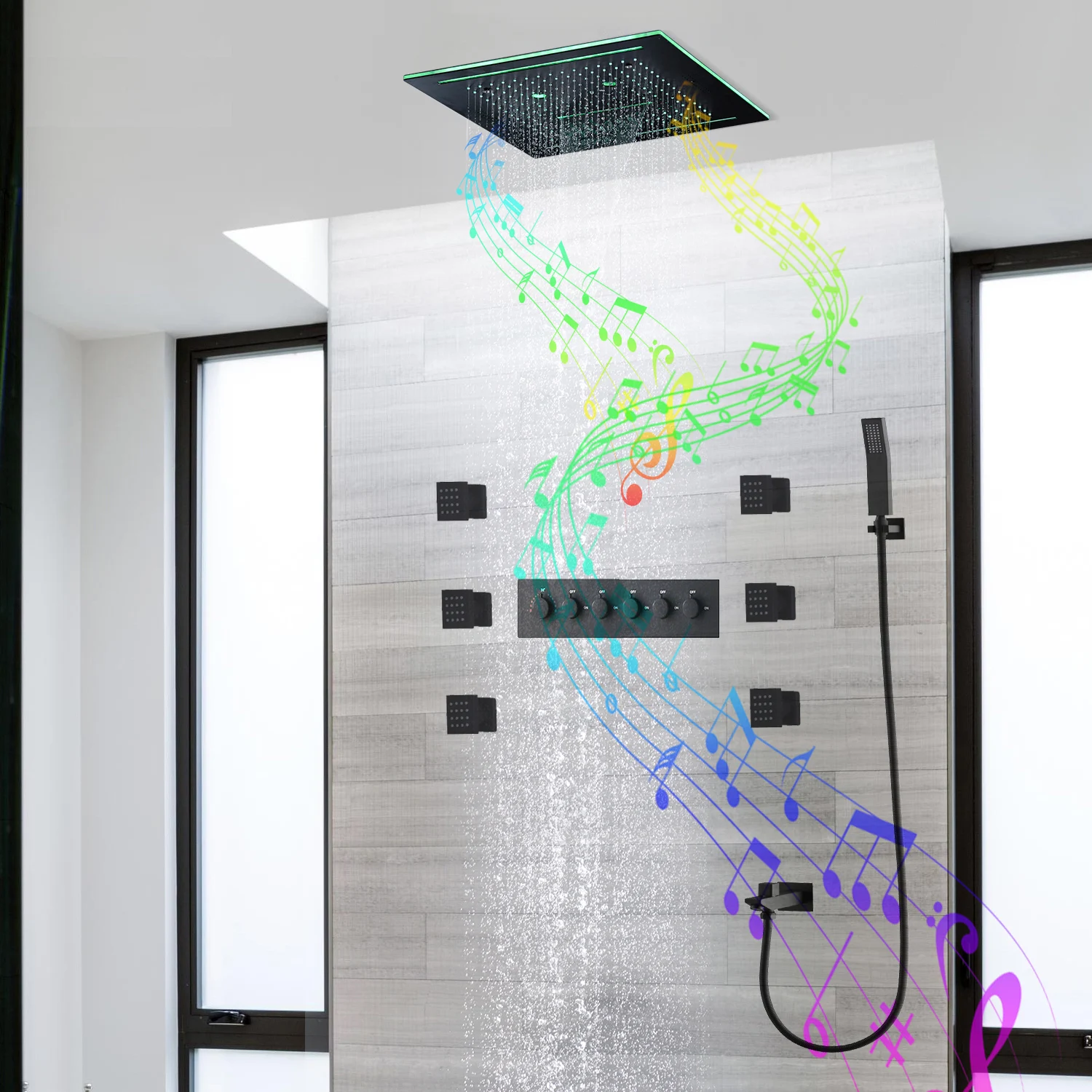 Imagem -03 - Torneiras Termostáticas Led Coloridas Conjunto com Jatos Lateral Music Shower System Chuva de Cachoeira Banheiro 16 hm 2024