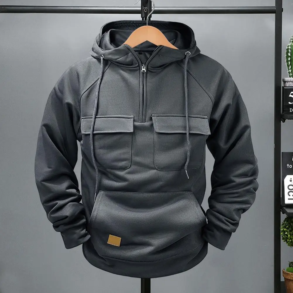 Solid Color Zip-up Hoodie Men's Cargo Style Sport Top with Multi Pockets Drawstring Hem Half Zipper Hoodie for Fall Spring Men