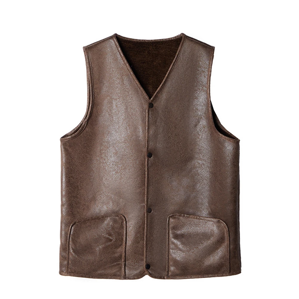 Men Fleece Lined Vest with Suede Texture Brown Sleeveless Inner Jacket for Casual Daily Wear Spring Autumn Winter