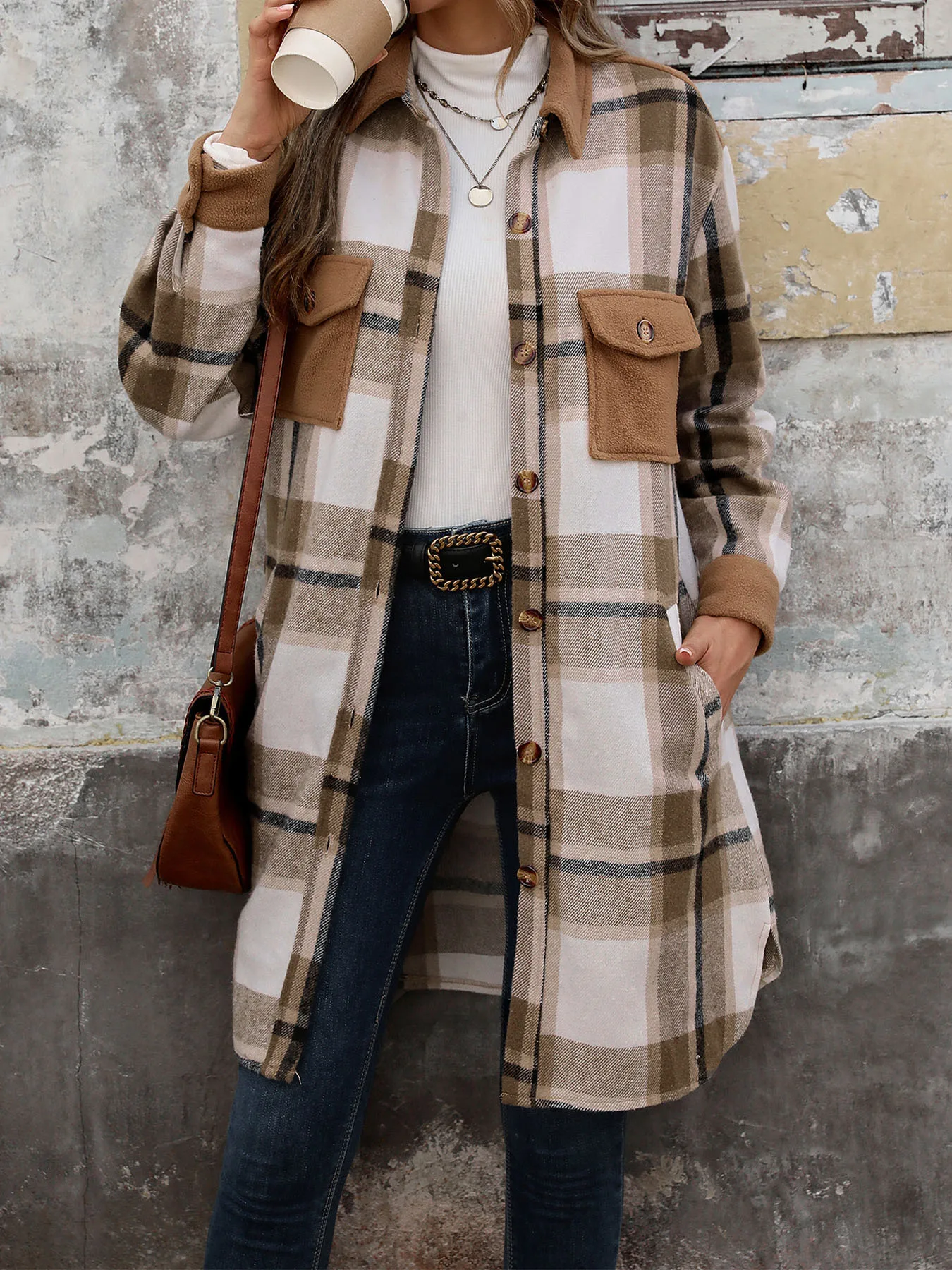 Mid to Long Plaid Cardigan Autumn and Winter European and American Women's Retro Patchwork Jacket