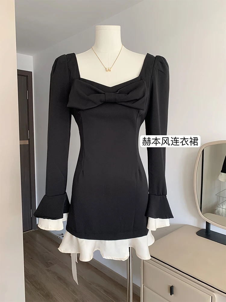 Autumn Winter French Vintage Old Money Long Sleeve Mini Dress Ballet Core Women Party Evening Square Collar Frocks One-Piece