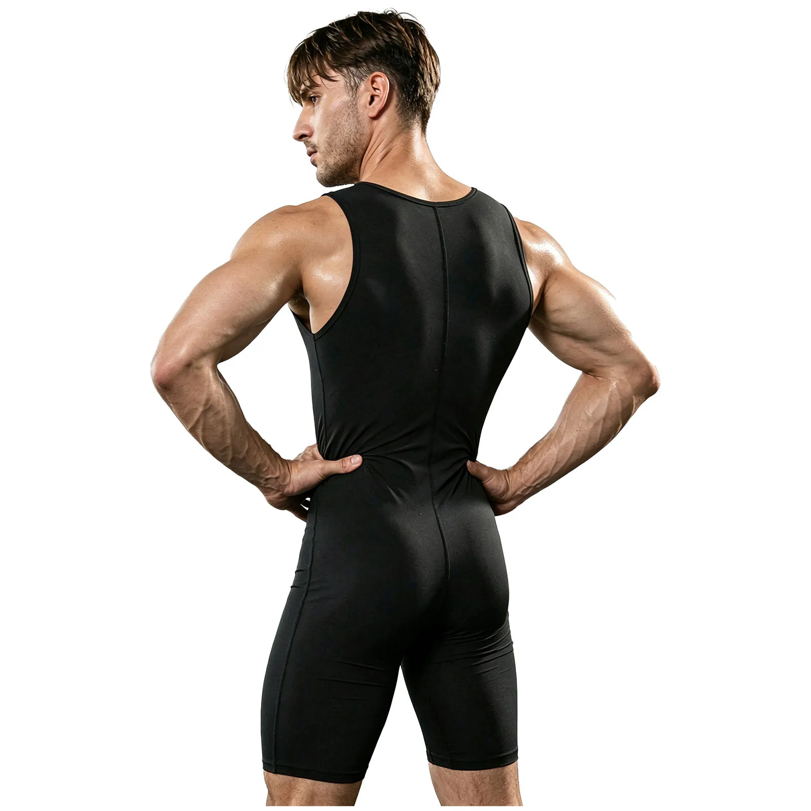 Herren Sauna-Kurzanzug, ärmelloser Jumpsuit für Workout, Sport, Fitness, Radfahren, Jogging, mit Reißverschluss vorne, oberschenkellang. – Detail 6