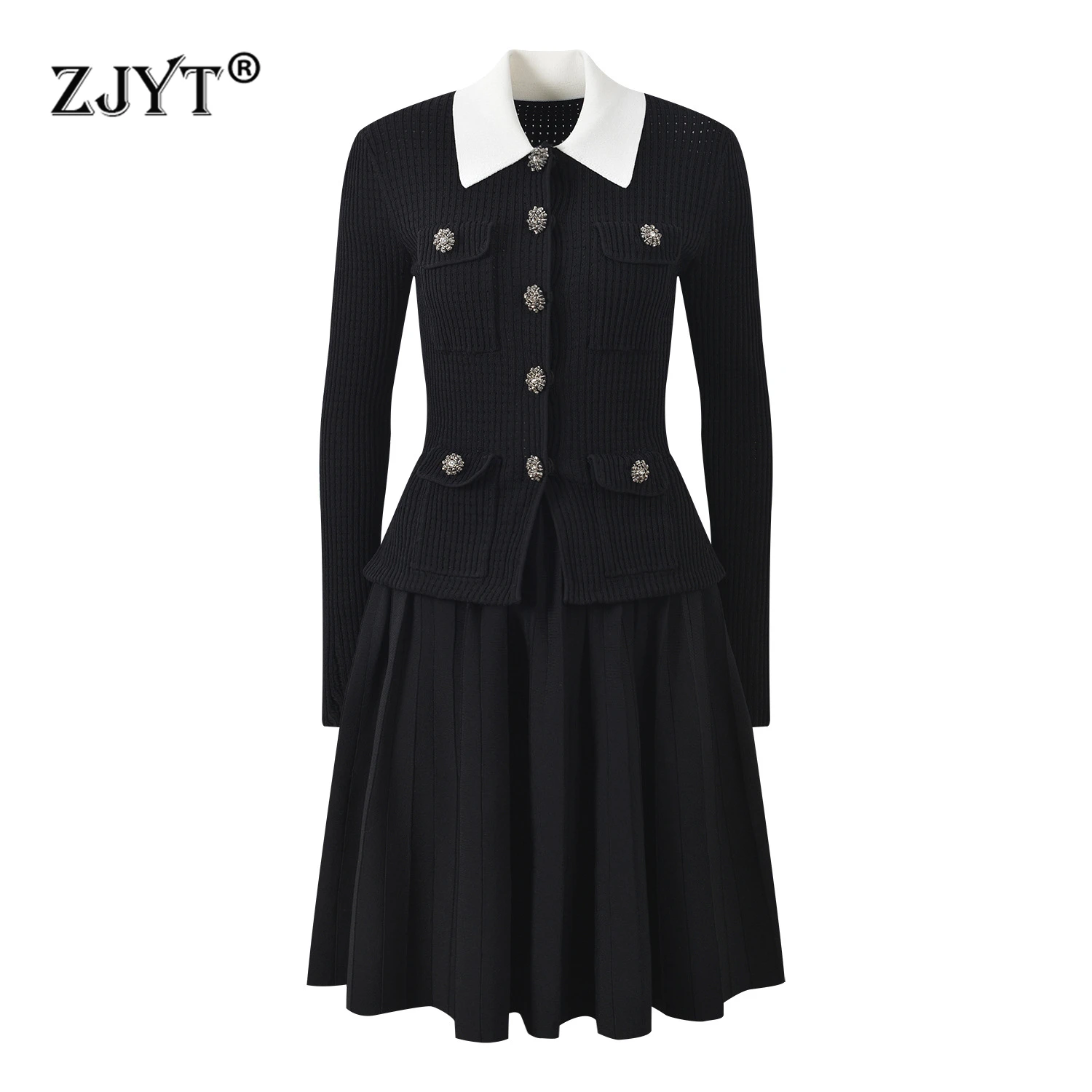 

ZJYT Autumn Winter New Women Long Sleeve Sweater Dress Elegant Turn Down Collar Casual Knitted Dresses Black Female Vestidos