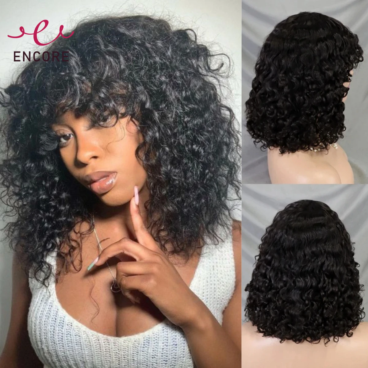 

12 Inch Machine Made Brazilian Remy Human Hair Wigs 200% Density Natural Water Wave Hair Bob Wigs With Bangs for Black Women