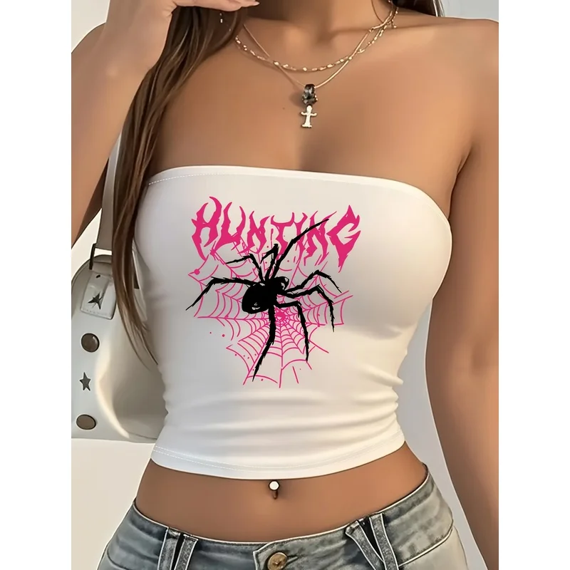 Women Strapless Tube Top Pink Hunting Spider Web Print Slim Y2K Gothic Bandeau Crop Top