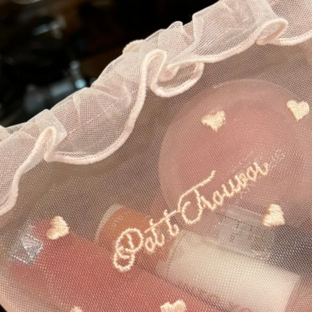 

Love Heart Embroidery Mesh Makeup Bag Transparent With Zipper Toiletry Organizer Large Capacity Pencil Case