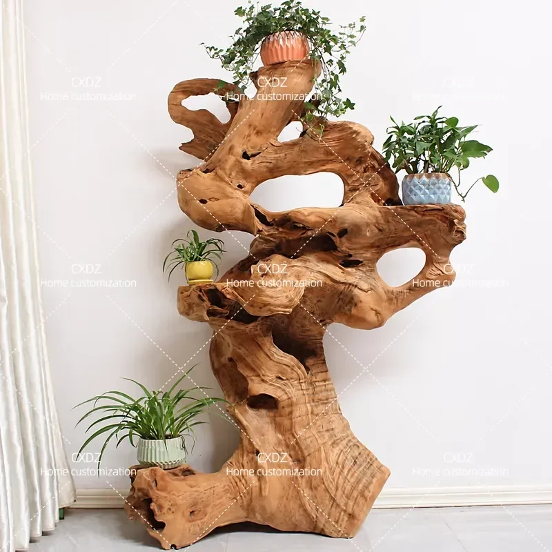 Camphor Wood Root Carving Flower Stand Solid Wood Natural Tree Root Base Floor to Ceiling Multi Layer Living Room Bonsai