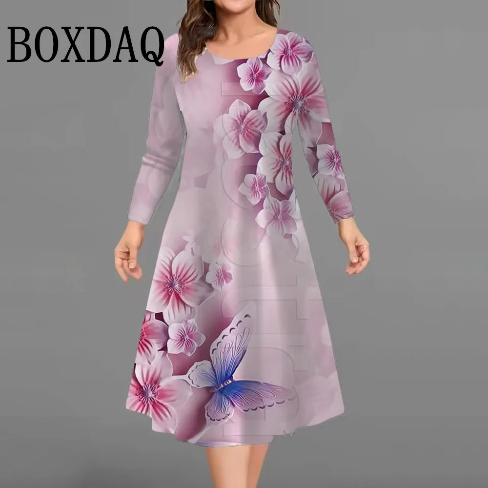 

Loose Retro Flower Butterfly Pattern Dresses Autumn 2025 Women Tie Dye Print Long Sleeve Dress Casual Fashion Plus Size Dresses