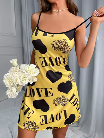 Love Heart Print Satin Sleepwear Dress for Women Sexy Spaghetti Strap Nightgown Soft Summer Loungewear Pajama Dress