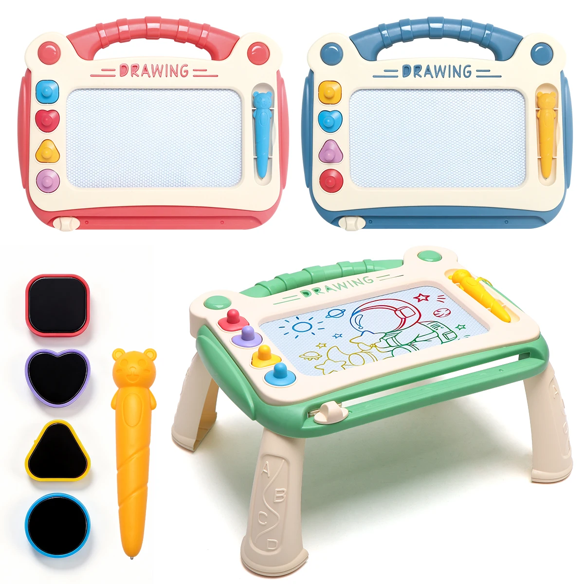 Kids Magnetic Drawing Board with Stand, 4-Color Erasable Doodle Board with Stamps, Portable Educational Drawing Toy for Toddlers