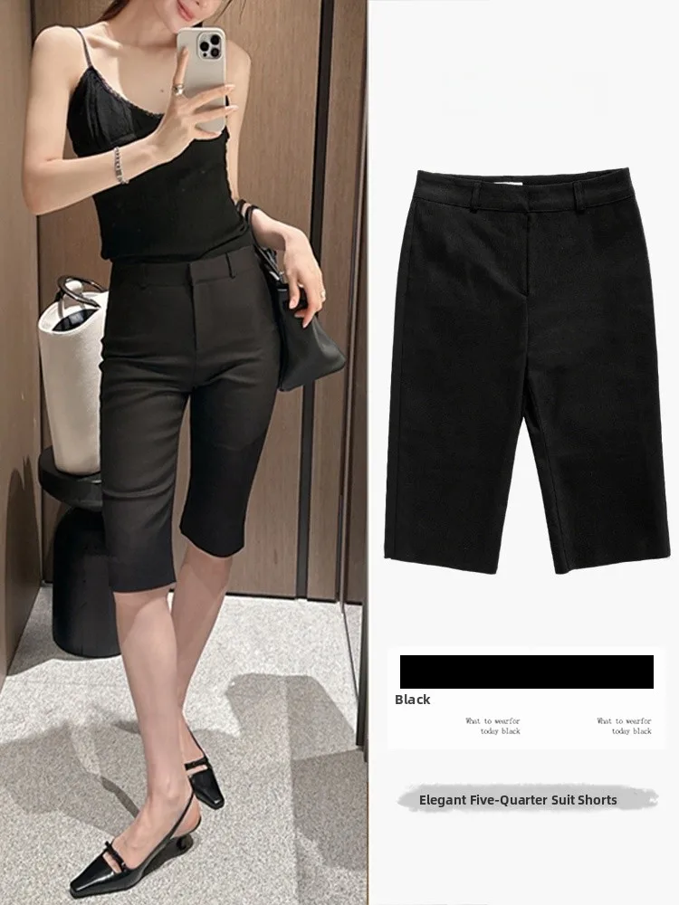 

High Waist A-Line Short Pants Women's Black 5-Pointed Casual Trousers Slimming Suit Pants Korean Style Commute Wind
