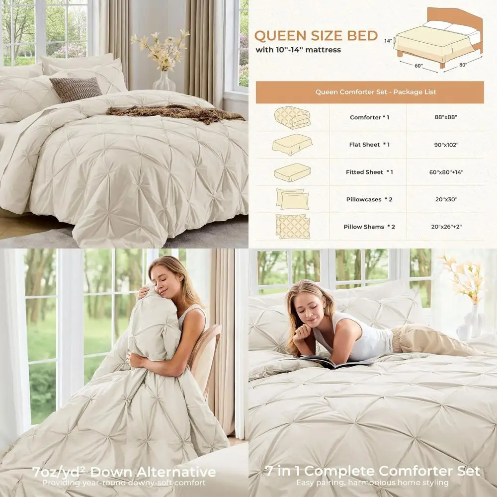 

7-Piece Queen Bedding Set with Pintuck Comforter, All-Season Use, Beige