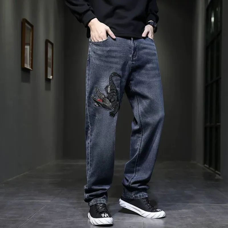 Spring and Autumn New Fashion Trend Embroidery American Retro Straight-Leg Jeans Men's Casual Loose Sports Plus Size Jeans