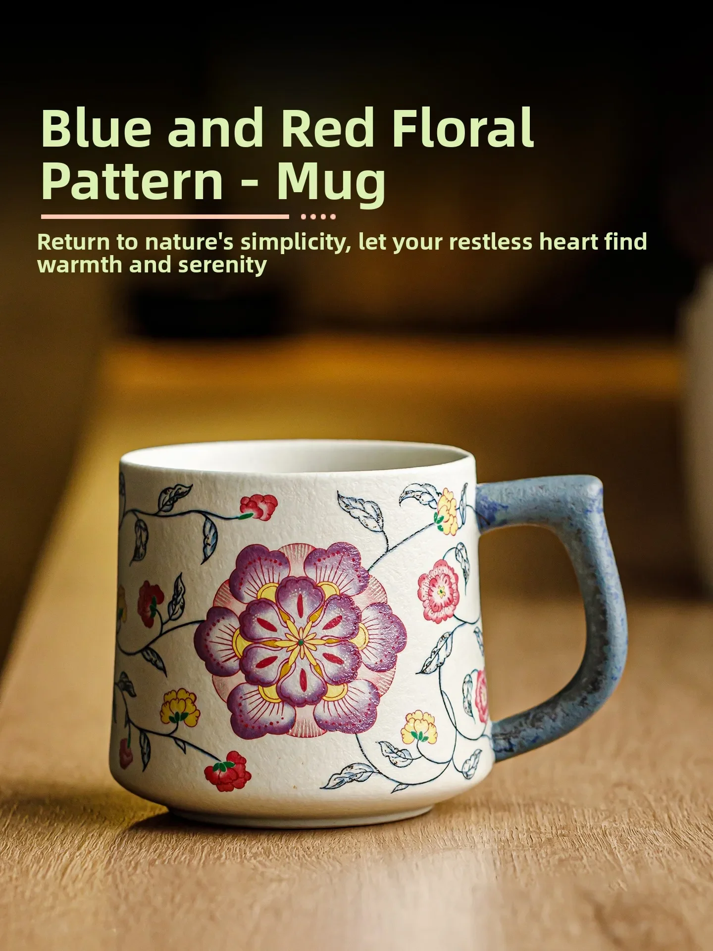Blue And White Ceramic Mugs Chinese Porcelain Tea Cup with Red Flame Stone Glaze Purple Rhythm Peony Single Ear Handle Cup
