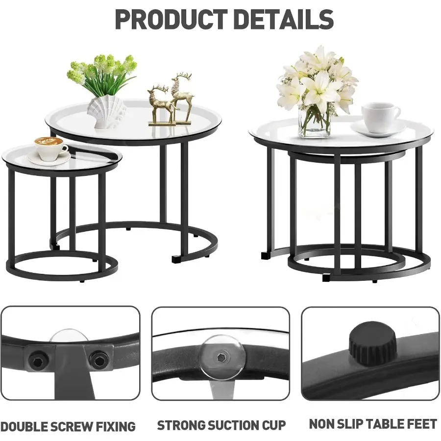 2-Piece Black Nesting Coffee Glass Table Set, Metal Frame for Small Spaces, Modern Industrial Style