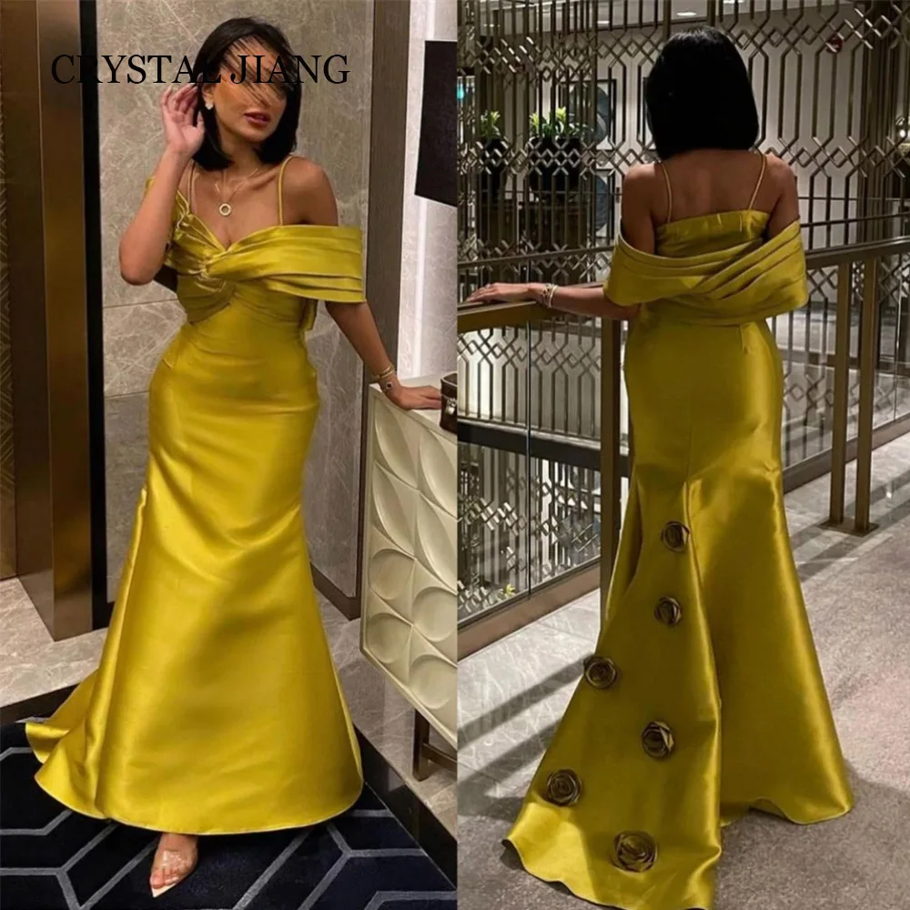 

Luxury Long Gold Off the Shoulder Satin Evening Dresses Short Sleeves with Handmade Flowers Mermaid Floor Length Party Gowns